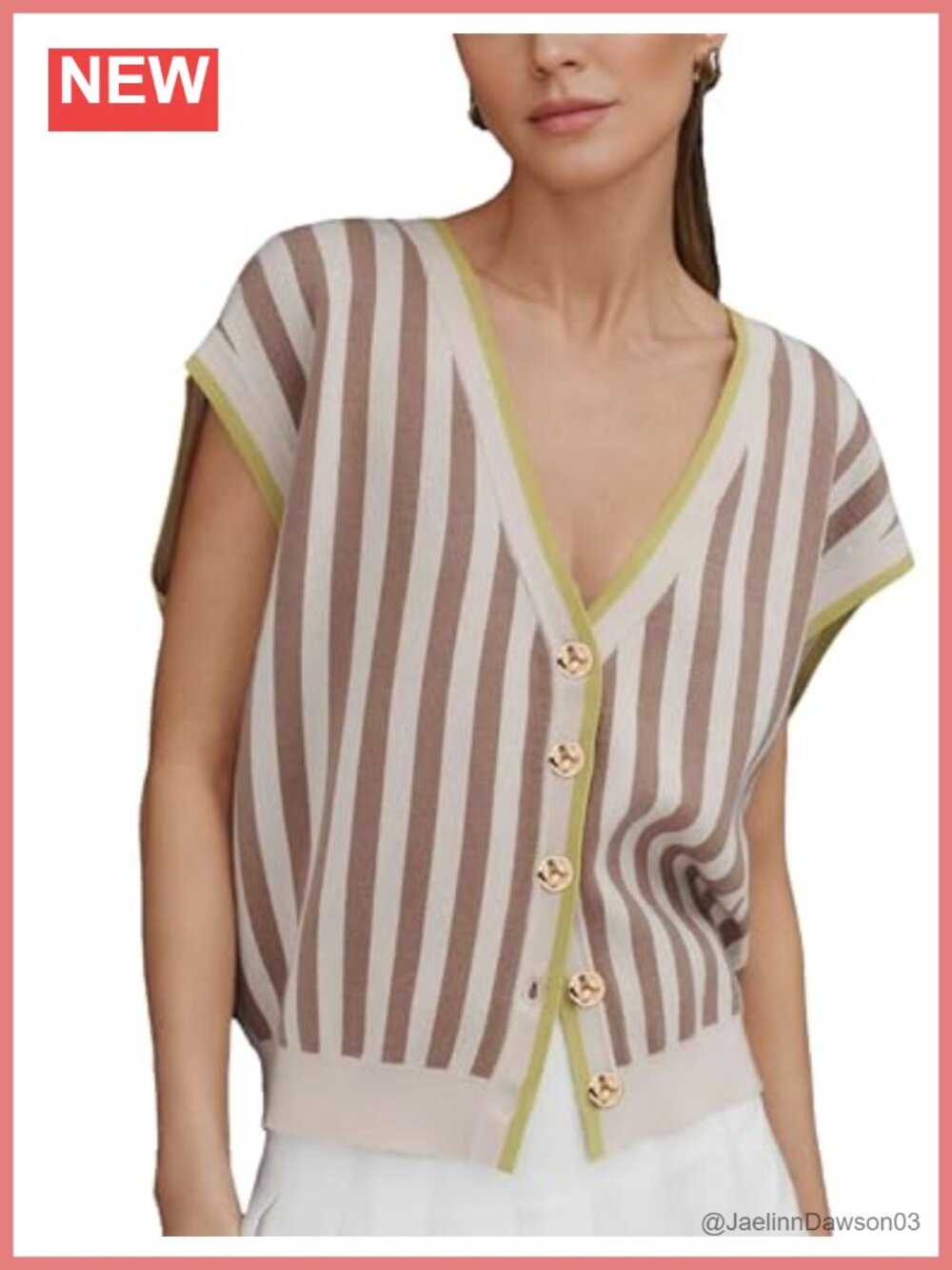 Oversized Striped Knit Cardigan Golden Button Sweater Vest Cap Sleeve V-Neck